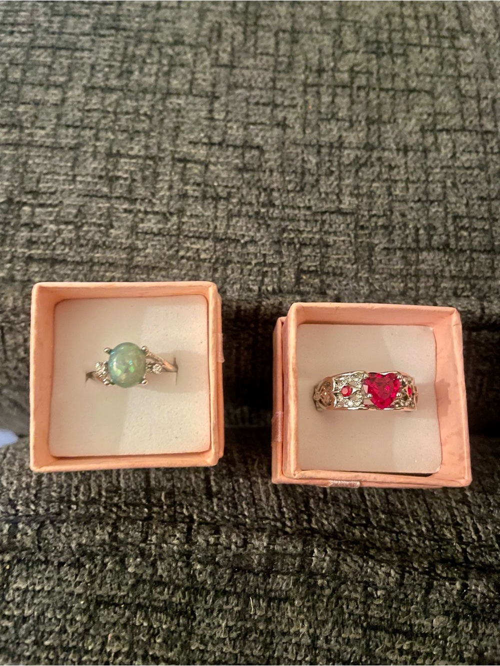 Silver Opal Ring and Silver Heart Ruby Ring Set - Pink and Green